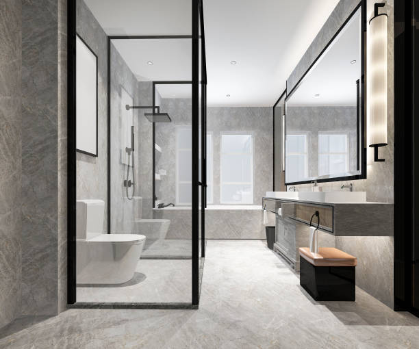 istock 3d rendering luxury modern design bathroom and toilet 1000857936