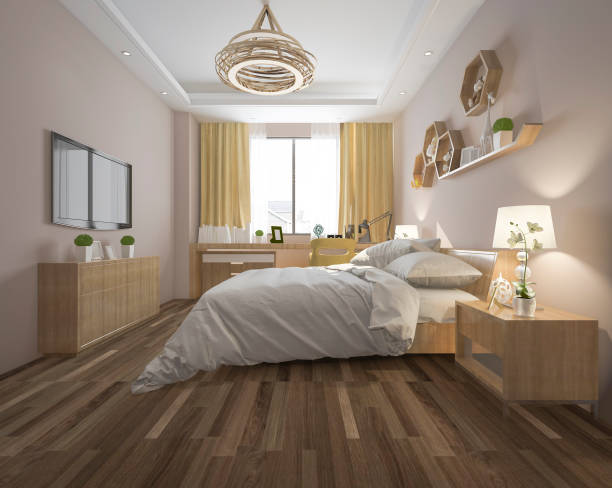 istock 3d rendering wood minimal style bedroom with view from window 1000857938
