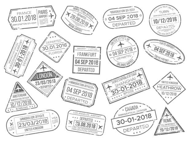 Business airport cachet mark and customs passports control stamp. Foreign travel and immigration passport official stamps vector set Simple business airport cachet mark and customs airplane passports control stamp. Foreign Japan UK Italy China Canada France travel and immigration passport official stamps vector stamps sign set airport borders stock illustrations