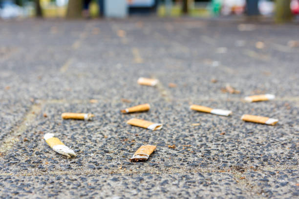 mégots de cigarettes éparpillés dans la rue - mégot de cigarette photos et images de collection