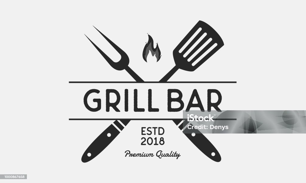 Grill Bar restaurant logo. Grill fork and Spatula. Vintage BBQ emblem. Template. Vector illustration Vector illustration Barbecue Grill stock vector