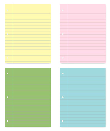 Hole punched colored filler paper sheets with margin, vector mockup. Lined letter format writing pads for 3 ring binder isolated on white background, template