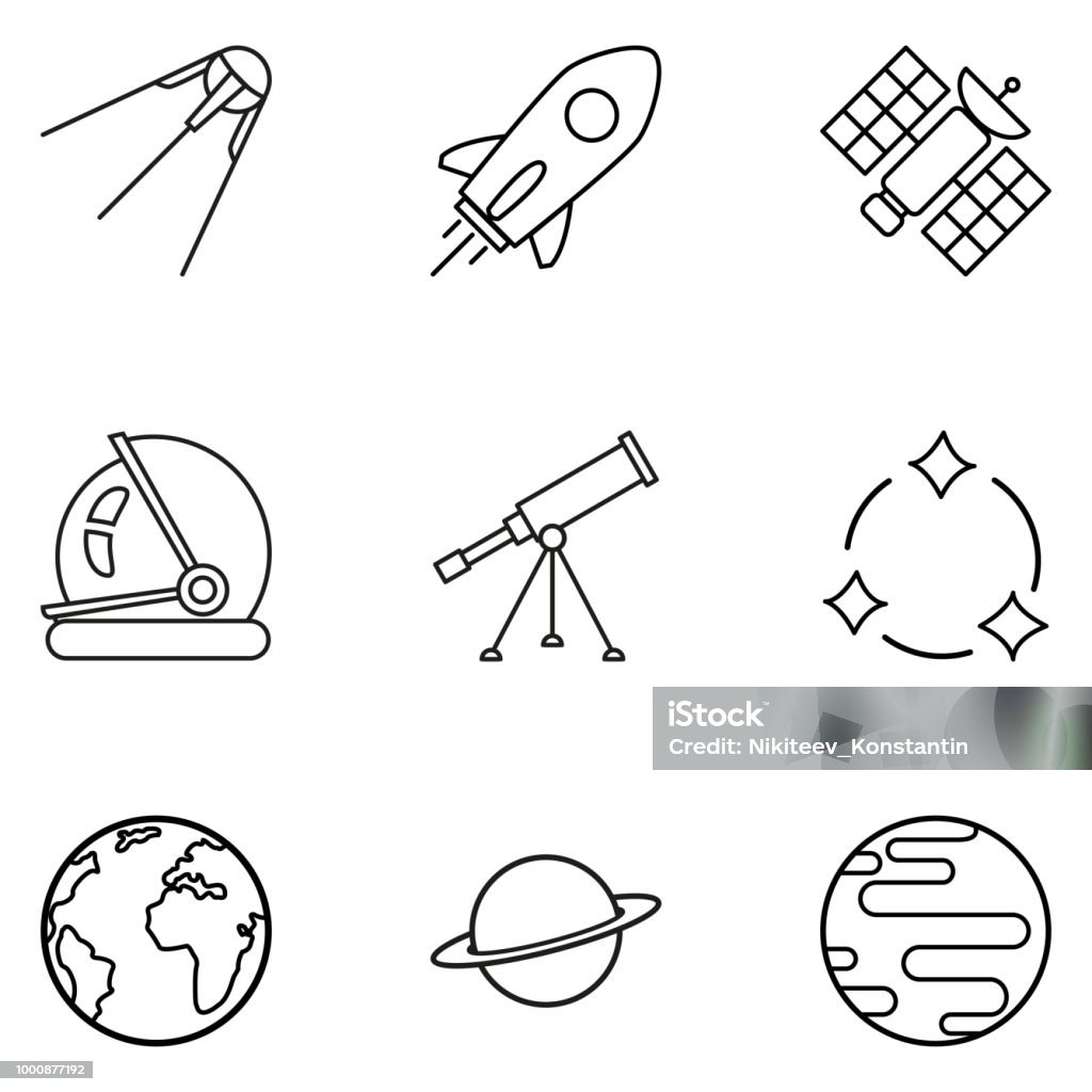 Vector Set of Black Outline Space Icons. Vector Set of Black Outline Space Icons. Astronomy Symbols. Icon Set stock vector