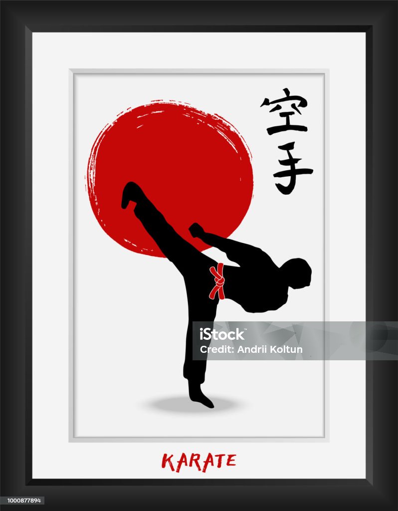 Karate-japanese martial art -vector  calligraphy symbols on red sun flag  background. Japan budo  kanji hieroglyph and men demonstrating karate. Hand drawn ink brush  illustration in photo frame Karate stock vector