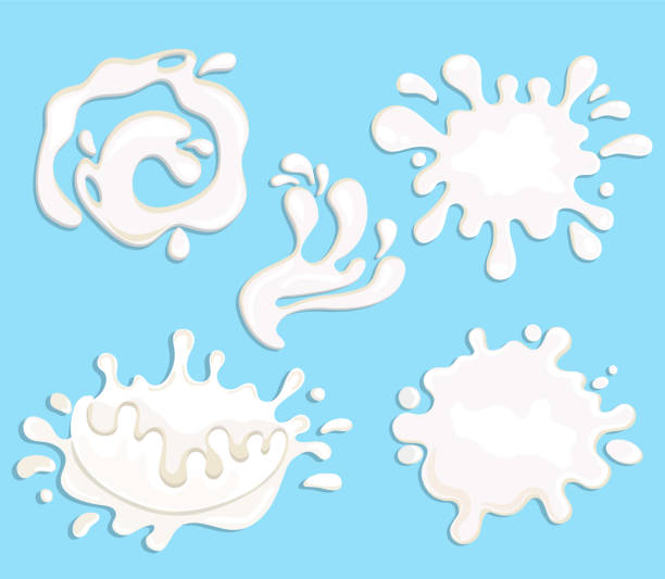 ilustrações de stock, clip art, desenhos animados e ícones de set of 5 milk splashes, drops and blots. - dairy farm liquid food and drink splashing