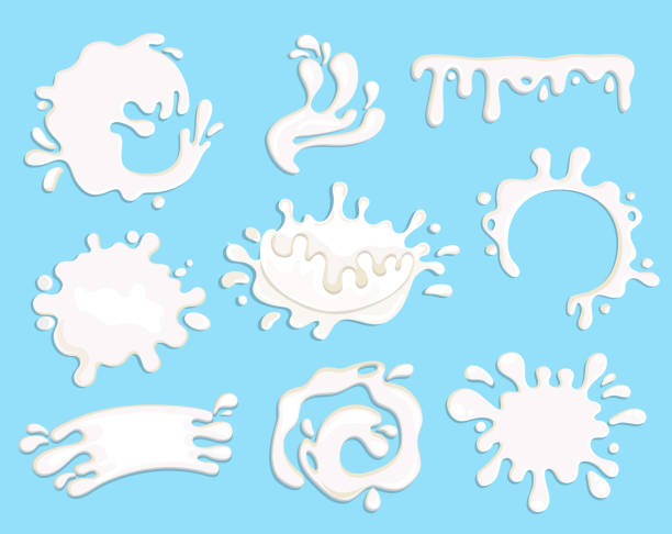 ilustrações de stock, clip art, desenhos animados e ícones de set of 9 milk splashes, drops and blots. - dairy farm liquid food and drink splashing