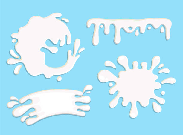 ilustrações de stock, clip art, desenhos animados e ícones de set of 4 milk splashes, drops and blots. - dairy farm liquid food and drink splashing