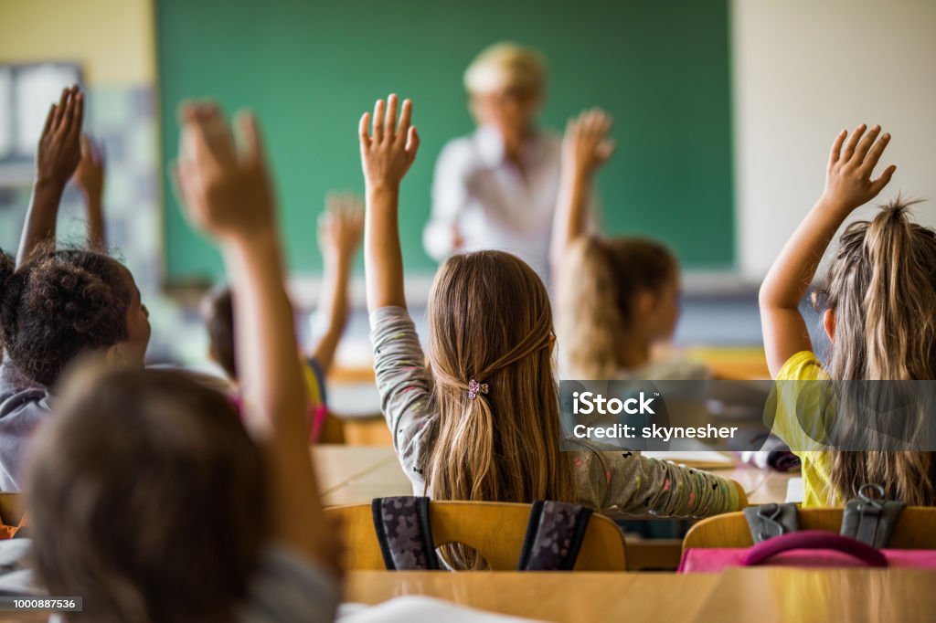 Back view of elementary students raising their arms on a class. Rear view of large group of students raising their arms to answer the question on a class at elementary school. Education Stock Photo