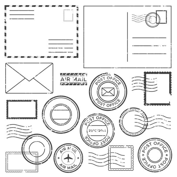 alte post brief mit poststempel briefmarken. antike luftpost briefe mit flugzeug grenze markieren, e-mail stempeletiketts und post cachet vektor tintensatz - briefmarke postkarte stock-grafiken, -clipart, -cartoons und -symbole