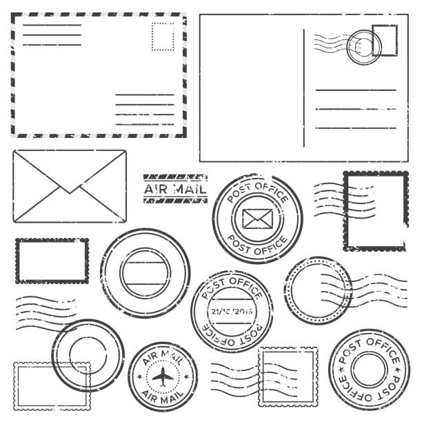 alte post brief mit poststempel briefmarken. antike luftpost briefe mit flugzeug grenze markieren, e-mail stempeletiketts und post cachet vektor tintensatz - stempel stock-grafiken, -clipart, -cartoons und -symbole