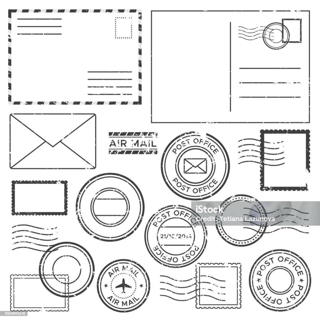 Antiga carta postal com carimbos carimbo do correio. Antigas cartas de correio aéreo com borda de avião marcam, rótulo de carimbo do correio e postar a tinta "Cachet" vector conjunto - Vetor de Selo Postal royalty-free