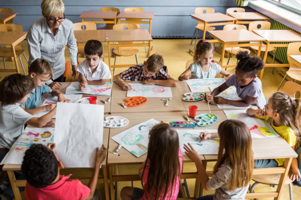 istock Large group of elementary students with their teacher on art class. 1000893150
