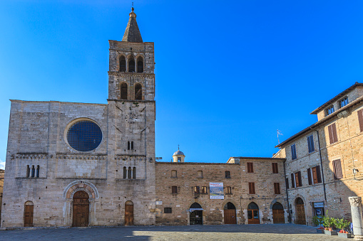 The Church of San Michele of Bevagna is a Romanesque architecture built in 1070, with the facade made of travertine blocks completed at the beginning of the 13th century. It overlooks Piazza Silvestri, the main town square of this historic town in the Province of Perugia, central Italy.