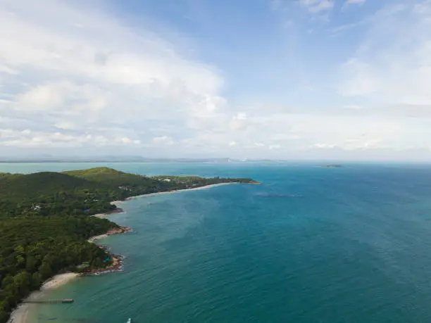 Photo of Aerial view of the sea and mountains of Koh Samet, Thailand.