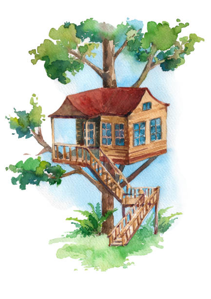 aquarell illustration baumhaus mit treppe. - baumhaus stock-grafiken, -clipart, -cartoons und -symbole