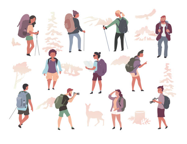 People Hiking Characters Isolated Various active people with backpacks hiking, exploring wild nature, trekking. Male & female characters isolated flat illustration backpack illustrations stock illustrations