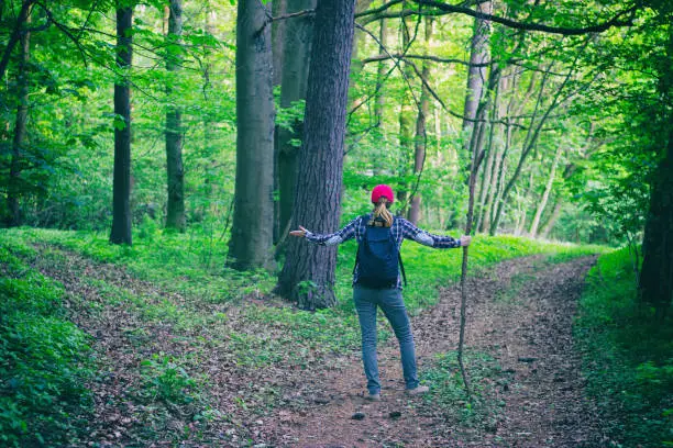 Photo of Young hiking woman does not know which way to go in green forest. A tourist girl lost herself on a hiking trip.