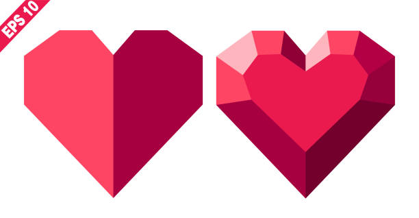 красное сердце в геометрическом стиле с лицами - valentines day origami romance love stock illustrations