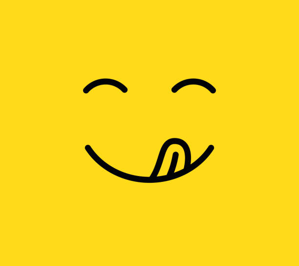 illustrazioni stock, clip art, cartoni animati e icone di tendenza di sorriso delizioso. delizioso, gustoso mangiare emoji viso con bocca e lingua. icona divertente della linea dell'umore affamata - allegri