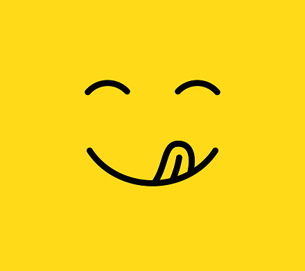 Yummy smile. Delicious, tasty eating emoji face eat with mouth and tongue gourmet enjoying taste. Funny hungry yummy tasting food mood logo line yellow vector isolated icon