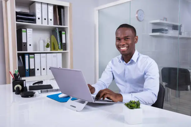 Portrait Of Smiling Young Businessman Using Laptop At Workplace