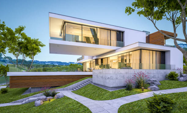 istock 3d rendering of modern cozy house by the river at evening 1000963434