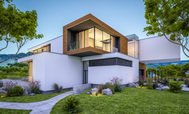 istock 3d rendering of modern cozy house by the river at evening 1000963436