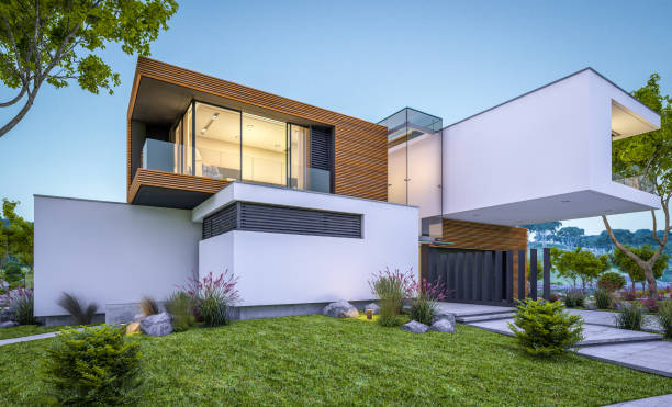 istock 3d rendering of modern cozy house by the river at evening 1000963472