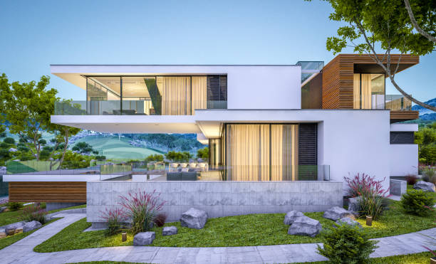 istock 3d rendering of modern cozy house by the river at evening 1000963480
