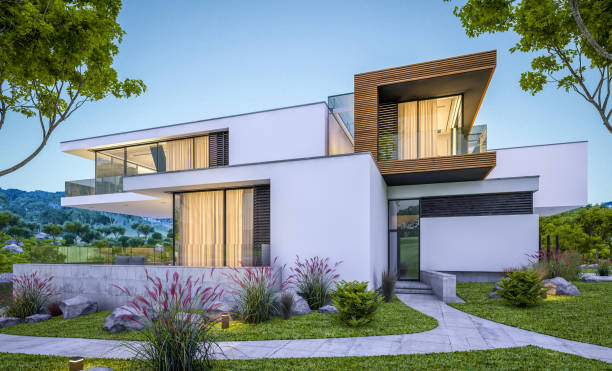 istock 3d rendering of modern cozy house by the river at evening 1000963482
