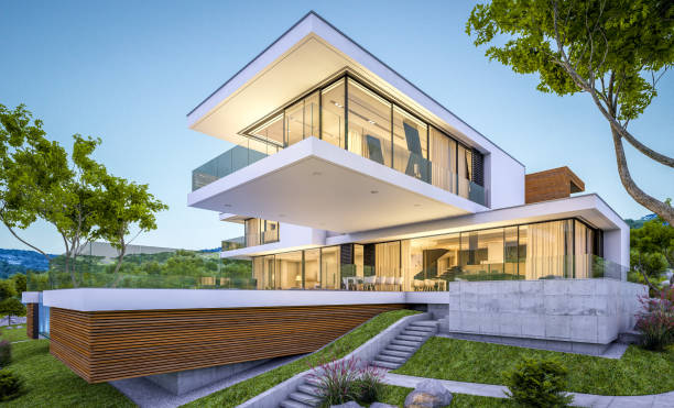 istock 3d rendering of modern cozy house by the river at evening 1000963596
