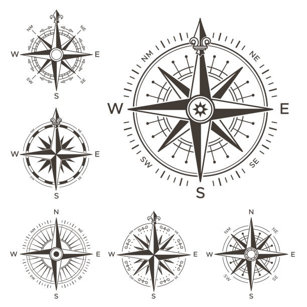 ilustrações de stock, clip art, desenhos animados e ícones de retro nautical compass. vintage rose of wind for sea world map. west and east or south and north arrows symbol isolated vector set - wind rose