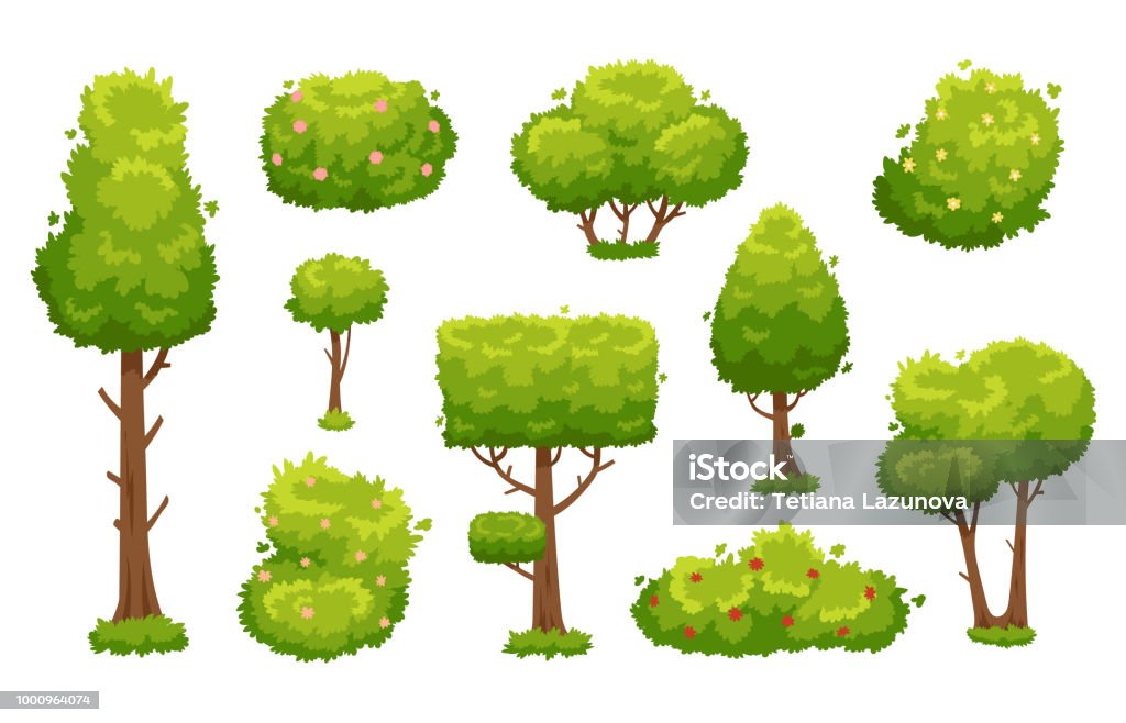 Ilustración de Dibujos Animados De Árboles Y Arbustos Plantas Verdes Con  Flores Para El Paisaje De Vegetación Naturaleza Bosque Árbol Seto Arbusto  Vector Conjunto Y y más Vectores Libres de Derechos de