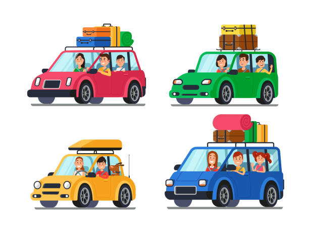Family traveling cars. Happy people travel in car. Vacation trip with mother and father in minivan cartoon vector illustration Family traveling cars. Happy people travel in car. Vacation trip with mother and funny driver father in minivan person tripping and kids luggage in auto cartoon vector isolated illustration icon set family vacation stock illustrations