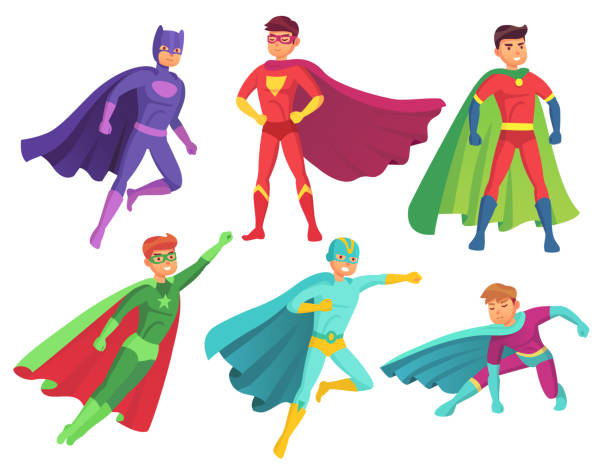 ilustraciones, imágenes clip art, dibujos animados e iconos de stock de caracteres del hombre de superhéroe. personaje de héroe musculoso en traje super colorido con agitar capa de dibujos animados. conjunto de vector de superhéroes voladores - the human body cartoon figurine characters