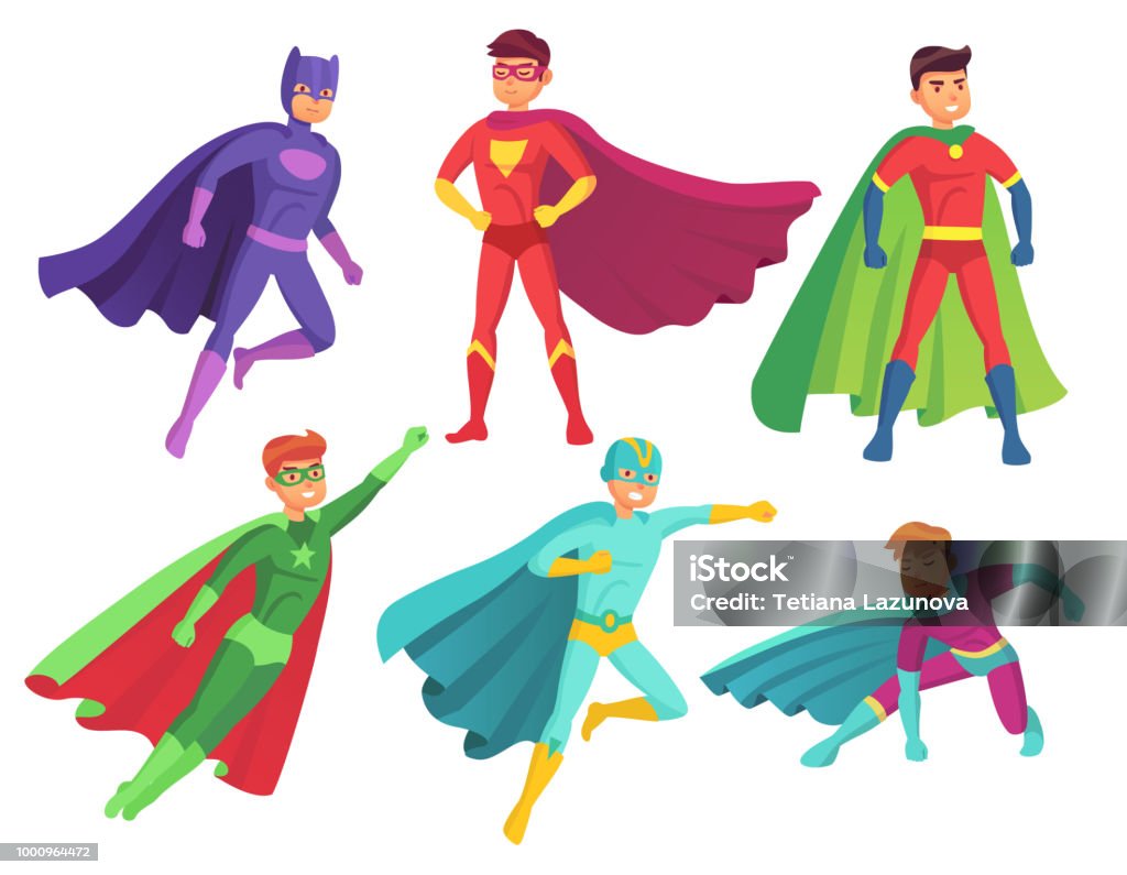 Superhero Man Characters Cartoon Muscular Hero Character In Colorful Super  Costume With Waving Cloak Flying Superheroes Vector Set Stock Illustration  - Download Image Now - iStock