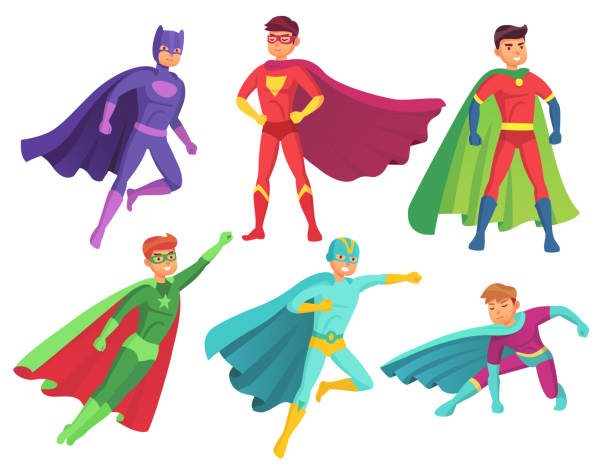 Superhero man characters. Cartoon muscular hero character in colorful super costume with waving cloak. Flying superheroes vector set Superhero man characters. Cartoon muscular hero character in colorful super costume with waving cloak pose action toy figure brave handsome man. Flying superheroes power ranger vector isolated set superhero clip art stock illustrations
