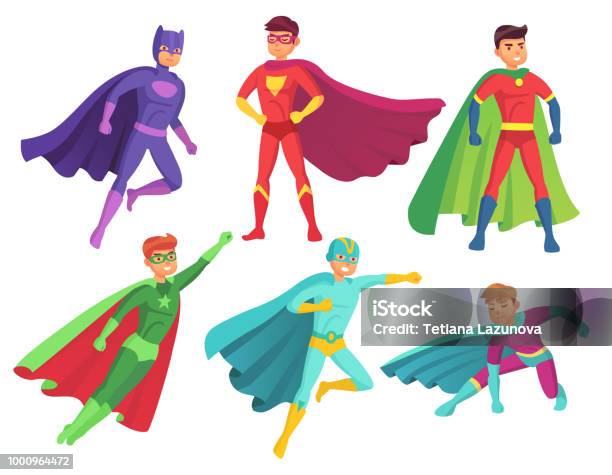 Superhero Man Characters Cartoon Muscular Hero Character In Colorful Super Costume With Waving Cloak Flying Superheroes Vector Set Stock Illustration - Download Image Now