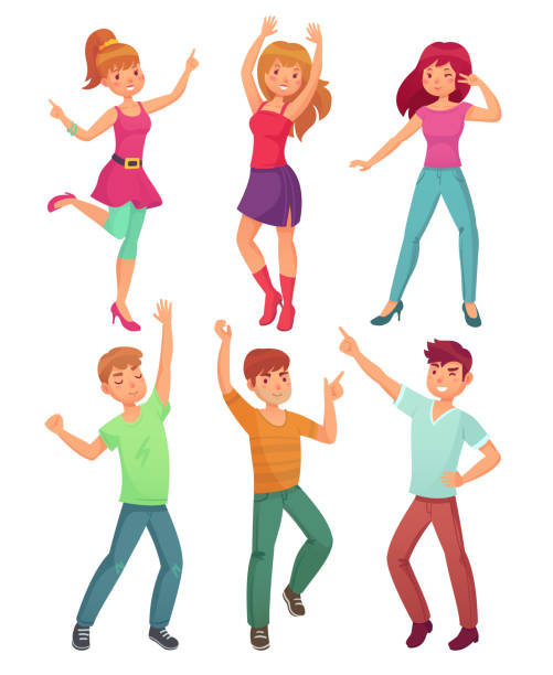 ilustrações de stock, clip art, desenhos animados e ícones de cartoon people dance. adult persons smiling and dancing at disco party. funny partying person vector illustration set - animated cartoon music teens arts and entertainment