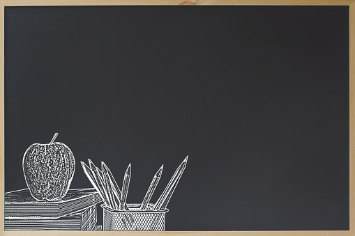 Education concept. Black chalkboard with pencil in basket and apple on stacked book chalk brush style. Back to school. Copy space for text. Chalkboard for sale offer advertising.