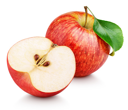 Frutas manzana roja con verde y la mitad de la hoja aislados en blanco photo