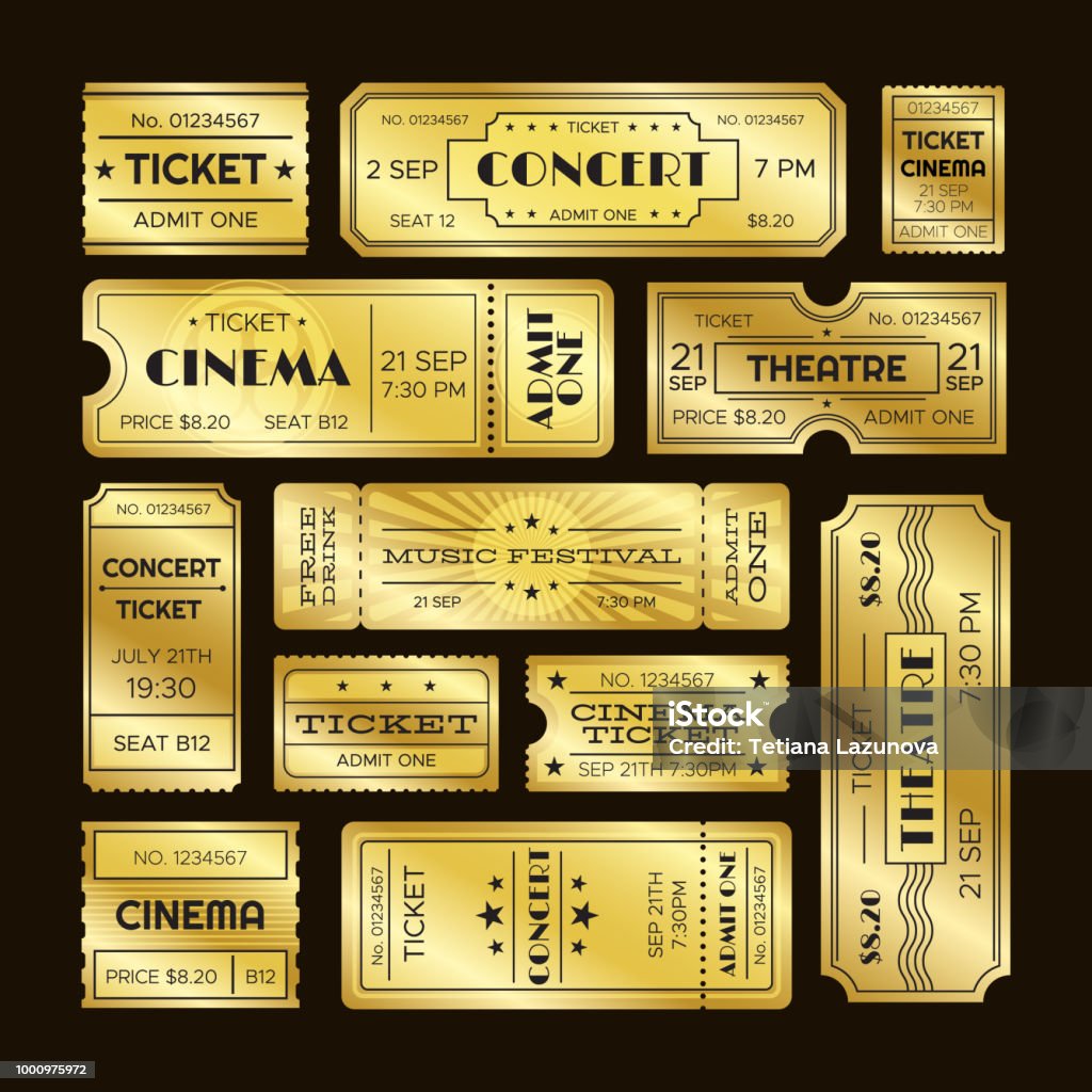 Golden tickets. Admit one gold movie ticket set. Vip party coupon vector templates Golden tickets. Admit one gold movie ticket set. Vip party theatre concert show premiere or cinema pass entry scratch coupon retro luxury vector isolated templates symbols Ticket stock vector