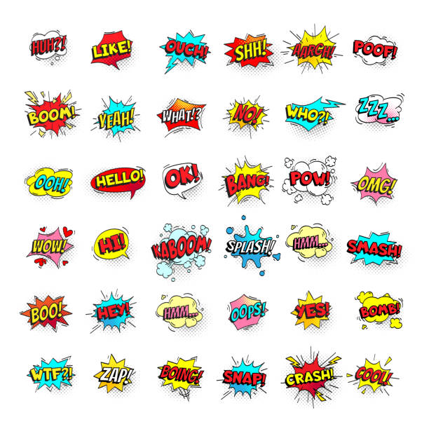 ilustraciones, imágenes clip art, dibujos animados e iconos de stock de burbujas de cómic. dibujos animados de globos de texto. expresiones de pow y zap, smash y auge. discurso burbuja vector arte pop etiquetas engomadas aisladas - viñeta