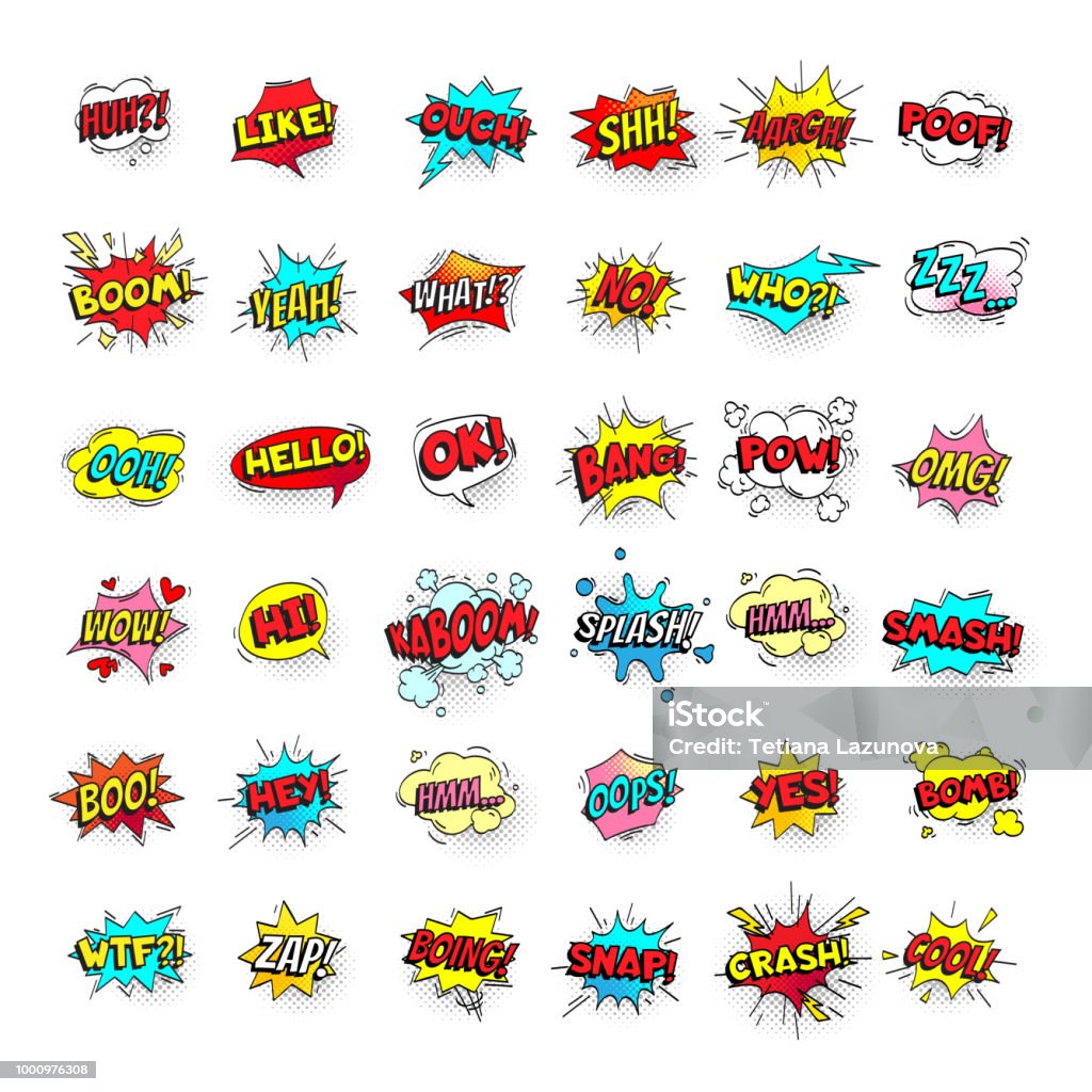 Comic bubbles. Cartoon text balloons. Pow and zap, smash and boom expressions. Speech bubble vector pop art stickers isolated Comic bubbles. Cartoon text balloons. Pow and zap, smash wtf oops wow omg yeah poof boo and kaboom smash bang boom comics expressions. Speech bubble retro vector pop art stickers isolated sign set Comic Book stock vector