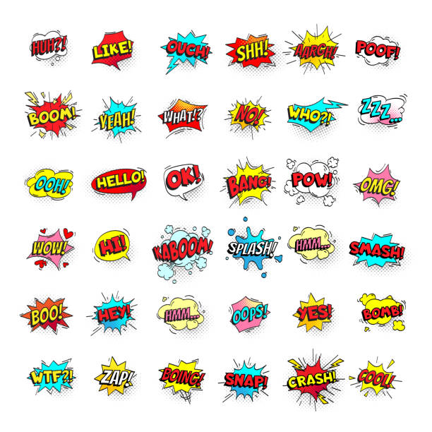 Comic bubbles. Cartoon text balloons. Pow and zap, smash and boom expressions. Speech bubble vector pop art stickers isolated Comic bubbles. Cartoon text balloons. Pow and zap, smash wtf oops wow omg yeah poof boo and kaboom smash bang boom comics expressions. Speech bubble retro vector pop art stickers isolated sign set comic stock illustrations