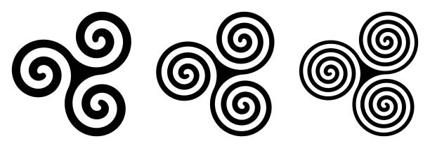 ilustrações de stock, clip art, desenhos animados e ícones de three black celtic triskelion spirals over white - celtic design