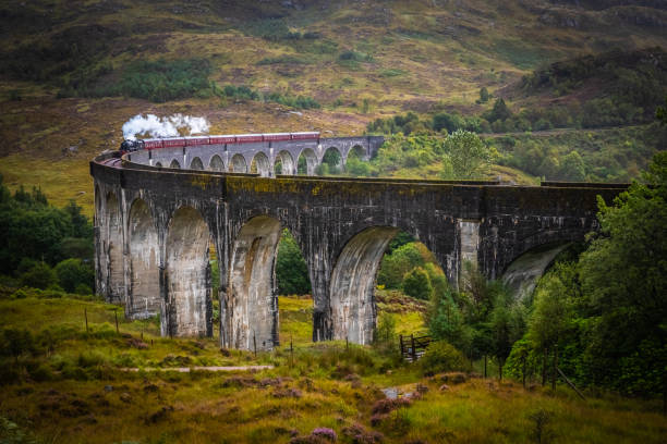Glenfinnan Railway Viaduct with train Scotland, Glenfinnan Railway Viaduct in Scotland with the Jacobite fort william stock pictures, royalty-free photos & images