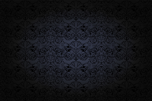 vintage Gothic background in dark grey and black with classic Baroque pattern, Rococo with darkened edges