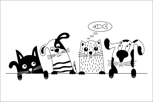 Funny dog and cute cat best friends. Funny dog and cute cat best friends. Black and white doodle animals. Vector illustration. funny ear stock illustrations