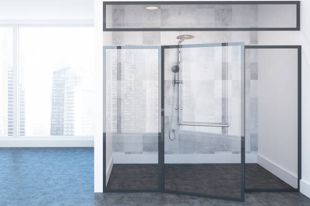 istock Glass wall shower stall, loft bathroom interior 1001002120